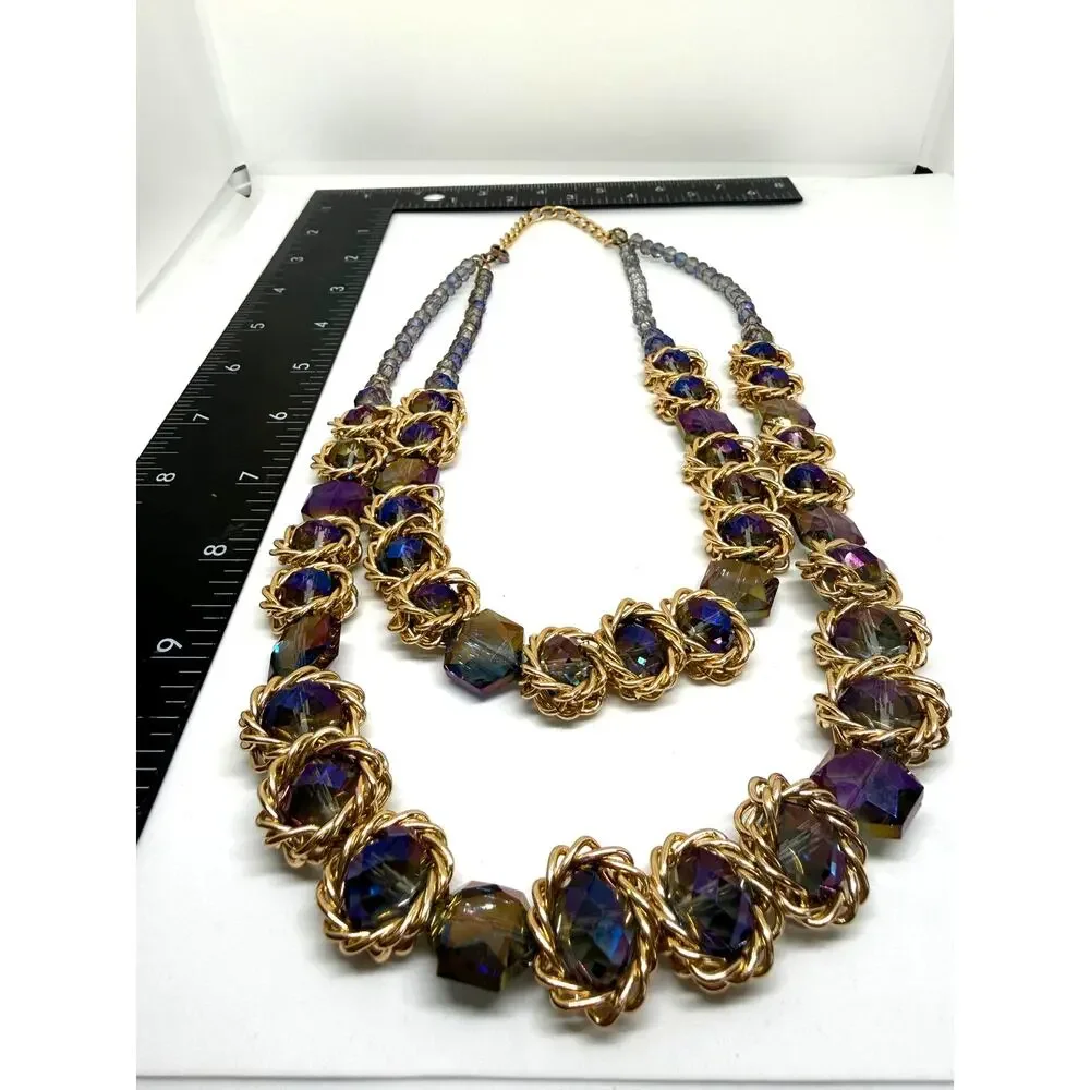 Purple Iridescent Statement Necklace Gold Tone Double Strand Faceted Glass Beads